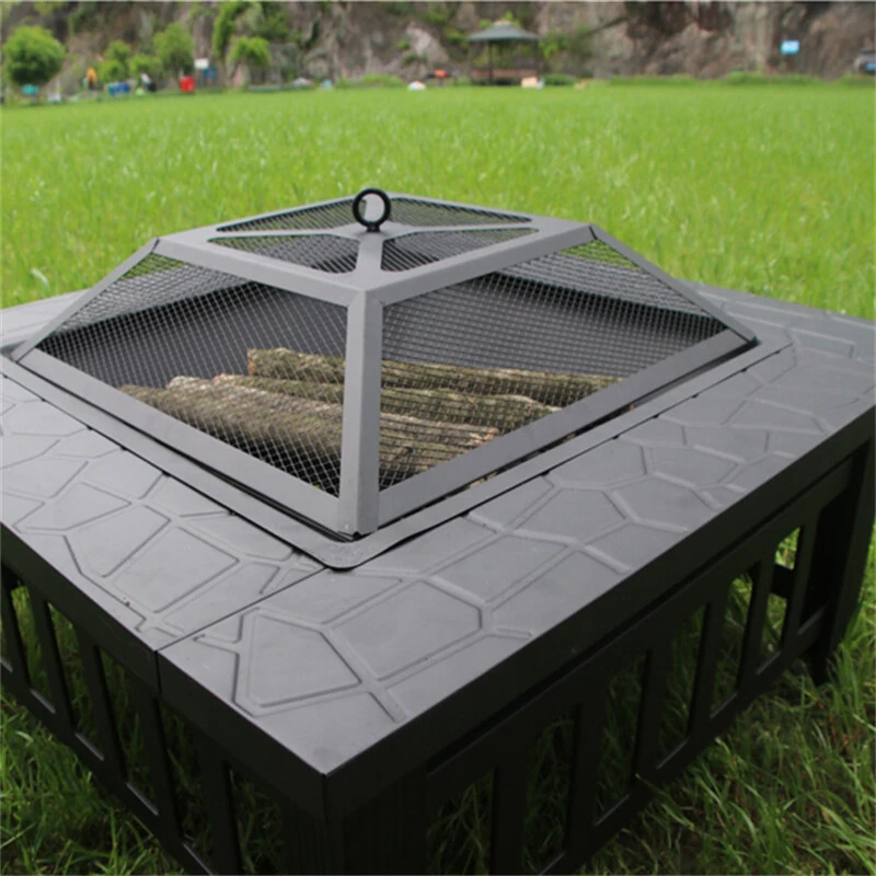(image for) [USA Direct] Fire Pit 32'' Wood Burning Firepit Metal Square Outdoor Fire Tables SteelFire Pit Bowl with Spark Screen Cover, Poker Log Grate for Patio Camping Backyard Garden Picnic, 8866